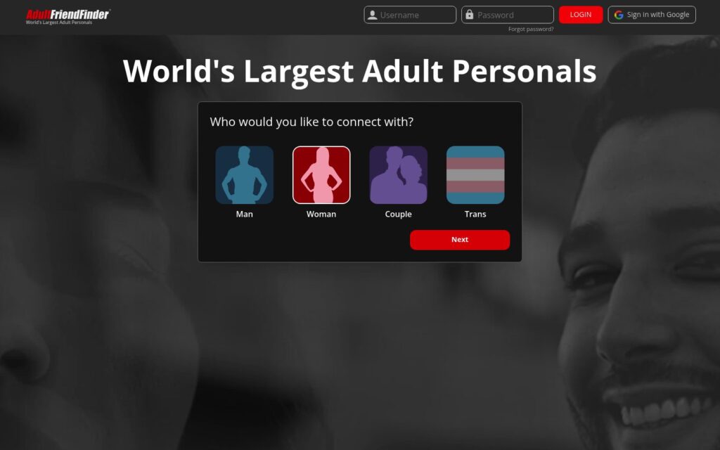 AdultFriendFinder dating service website screenshot