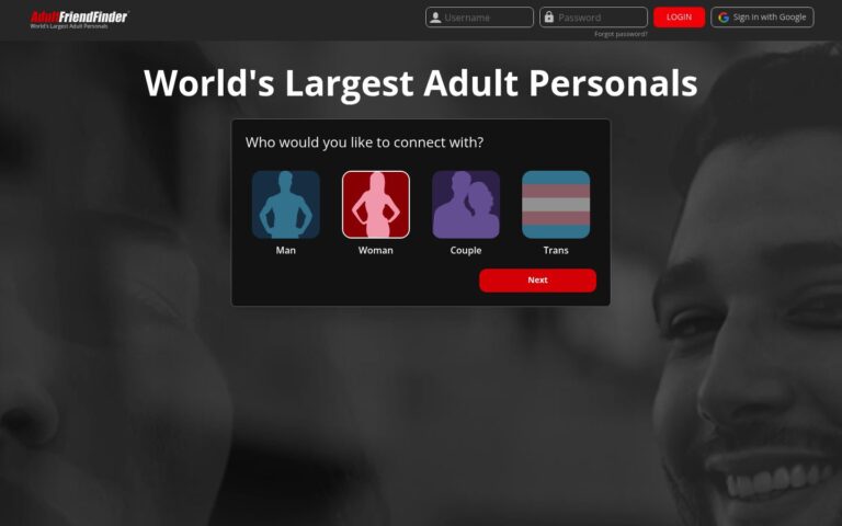 AdultFriendFinder dating service website screenshot